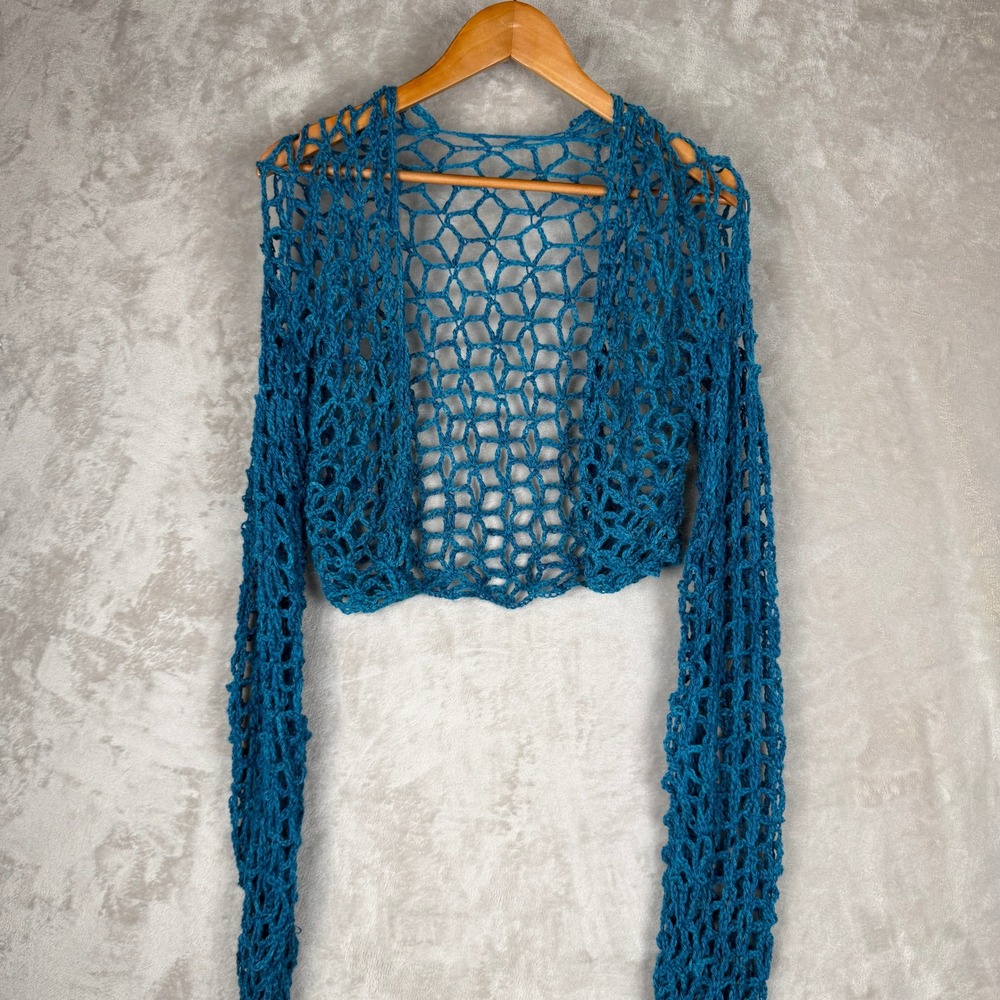 Handmade Teal Blue Crochet Shrug Bolero Open Knit Mesh Cropped Cardigan L
